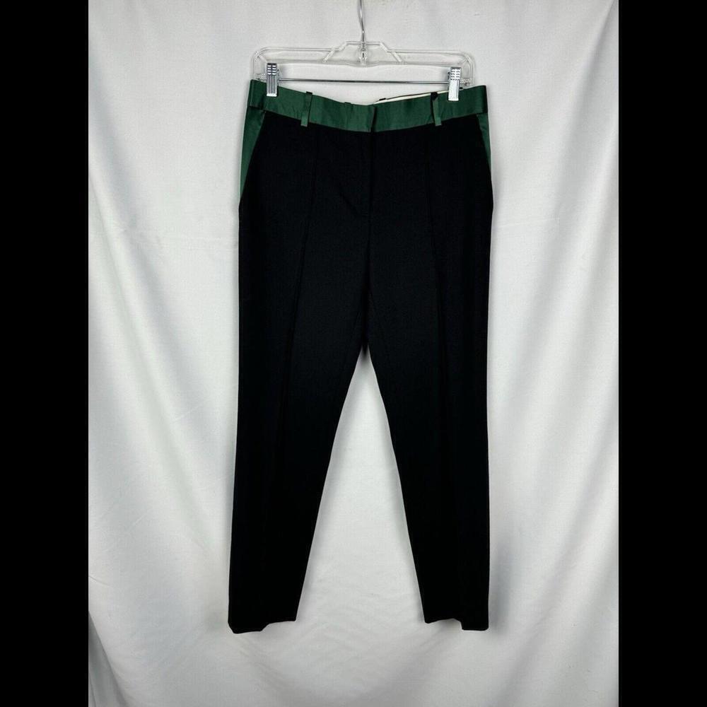 Celine Straight Leg Cropped Trouser Pants Silk Wool Green Black Size 36 FR, 30 W